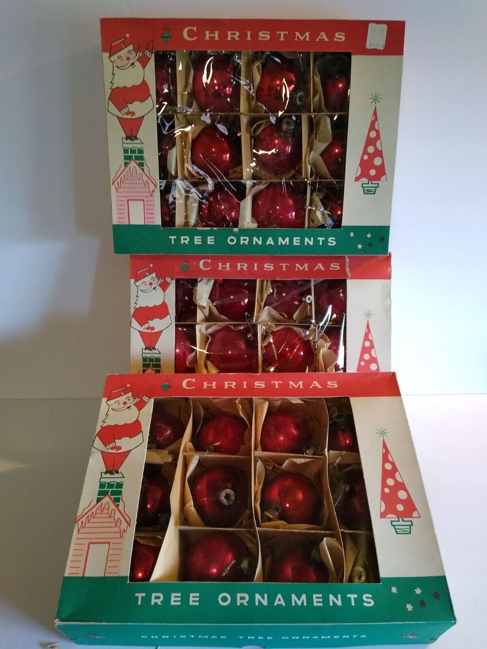 Vintage Red Christmas Tree Glass Ornaments 3 Boxes 36 Total Fantasia Santa Art